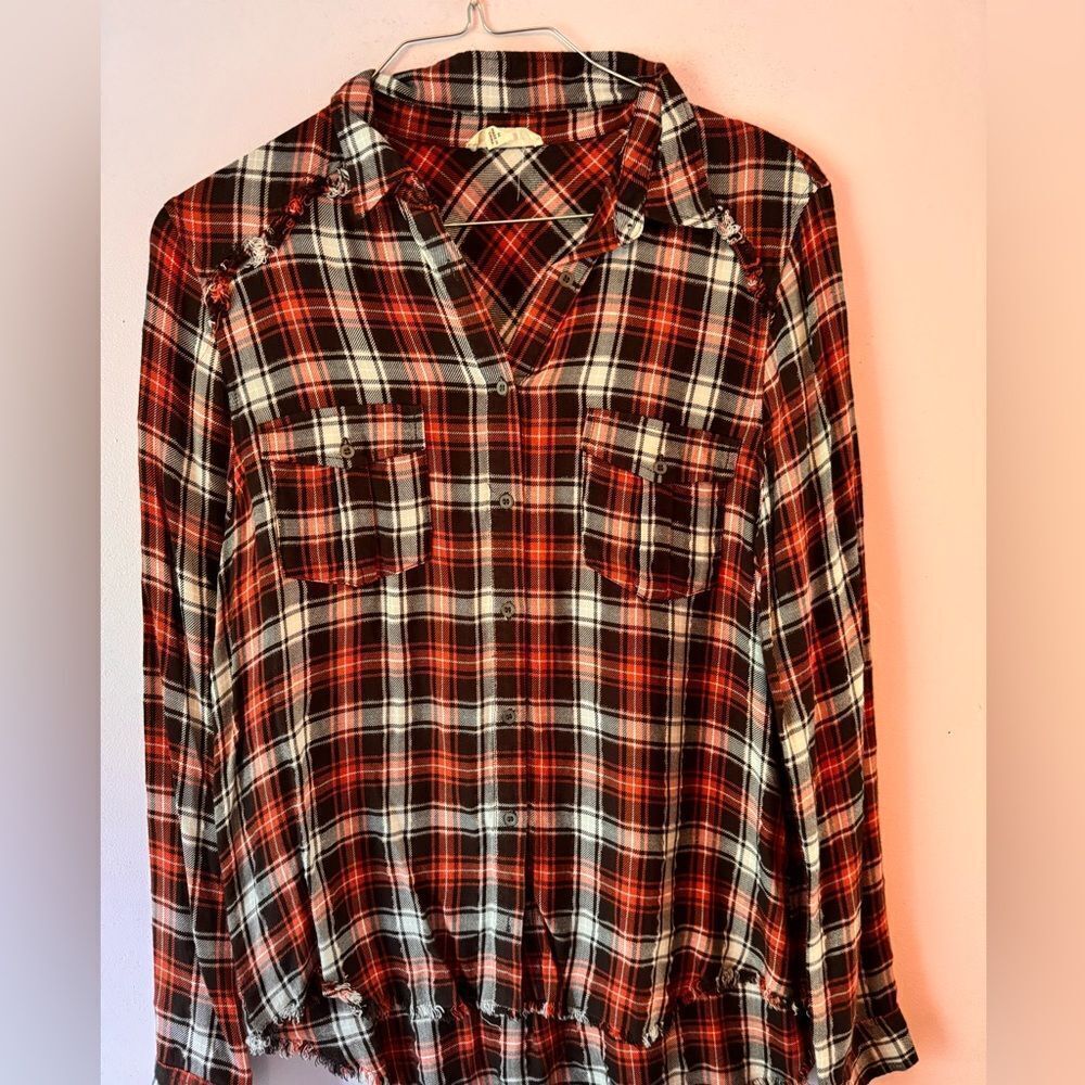 Jane and Delancey Cotton Flannel Button Up Fringe Medium